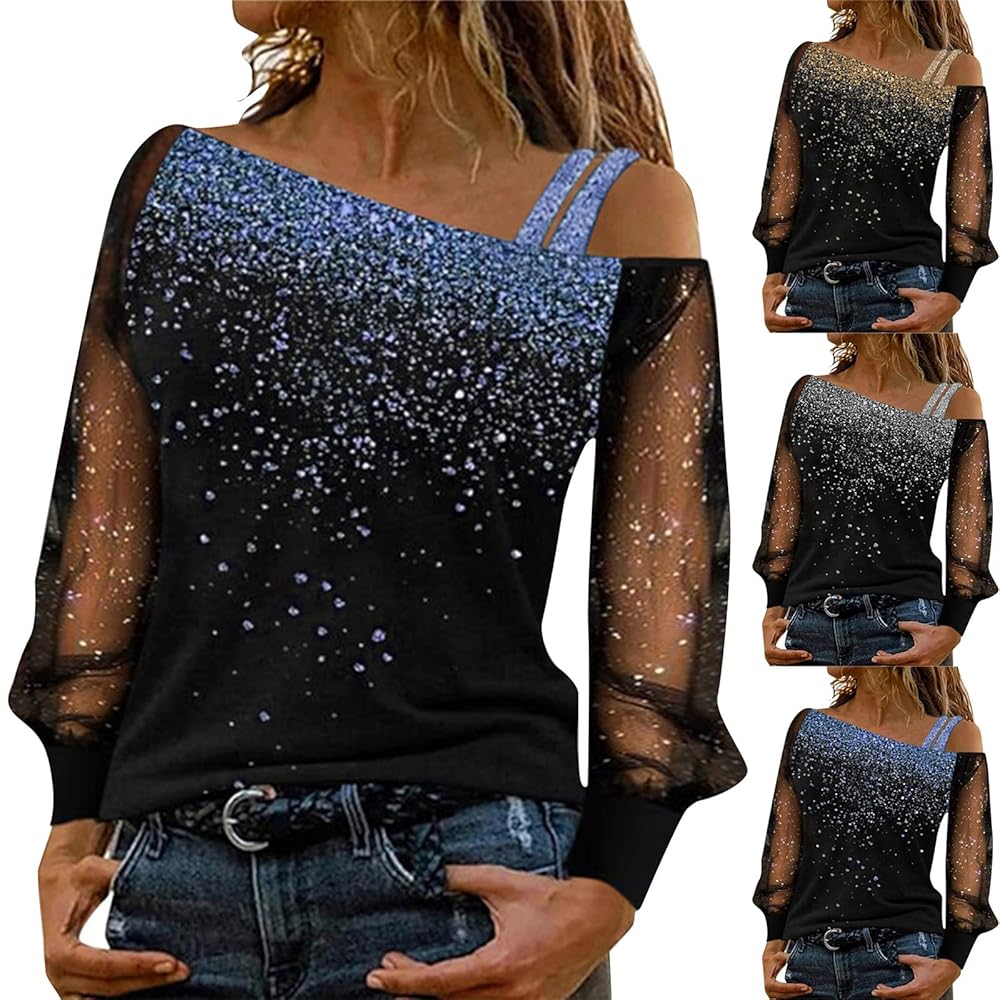 FIRERO Women's Off Shoulder Tops Sexy Casual Loose Sequin
